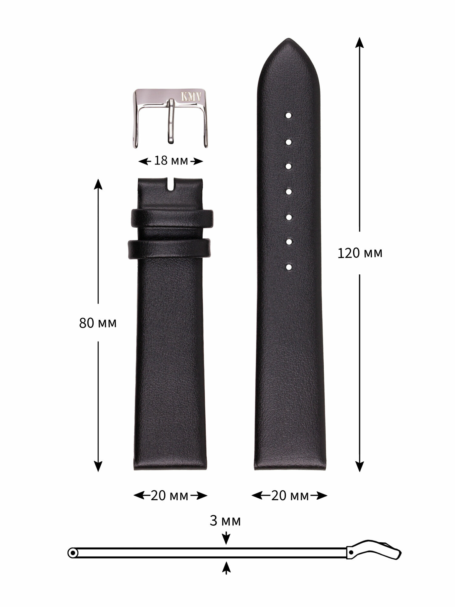 Ремешок KMV, фактура гладкая, размер 20, черный — фото 1