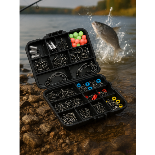 Рыболовный набор, 170 предметов, крючки, вертлюги, грузила, бусины, в кейсе