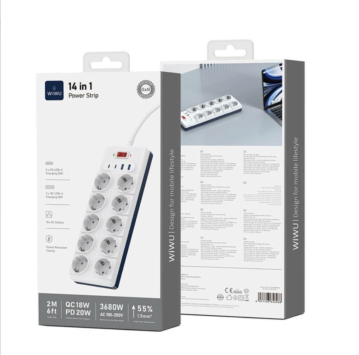 Пилот WiWU Power Strip Wi-S008 14-в-1 GaN 20W, 10 розеток, 2×USB, 2×Type-C, EU, белый