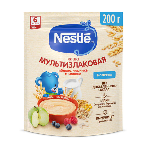 Каша Nestlé молочная мультизлаковая с яблоком, черникой и малиной, с 6 месяцев каша gerber молочная мультизлаковая с черникой и малиной с 6 месяцев