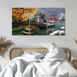 Модульная картина/Модульная картина на холсте/Модульная картина в спальню/Модульная картина в подарок - Осень-зима пейзаж в японском стиле 90х50