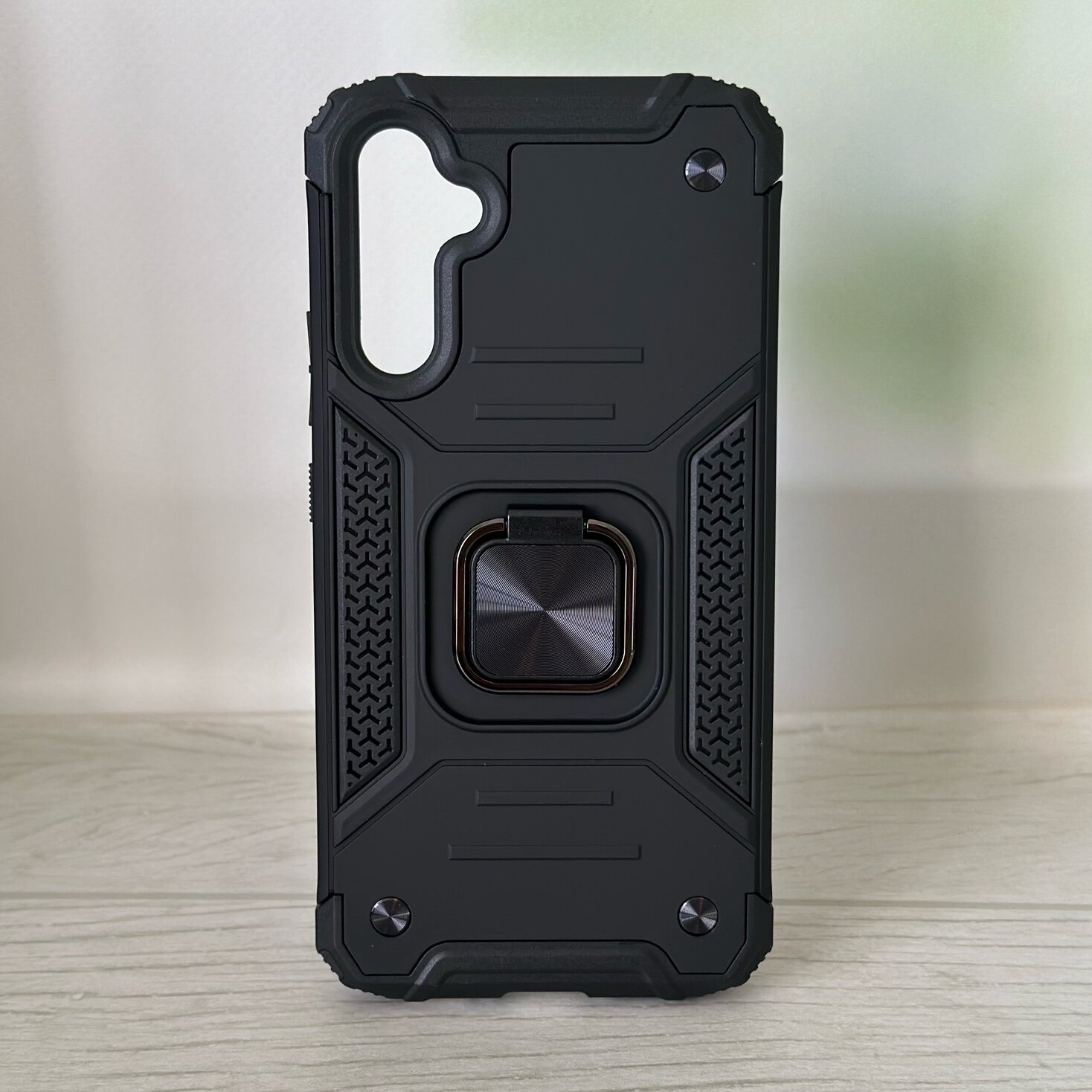 Противоударный чехол для Samsung Galaxy A34 черный с пластиной для магнитного автодержателя и кольцом подставкой — фото 1