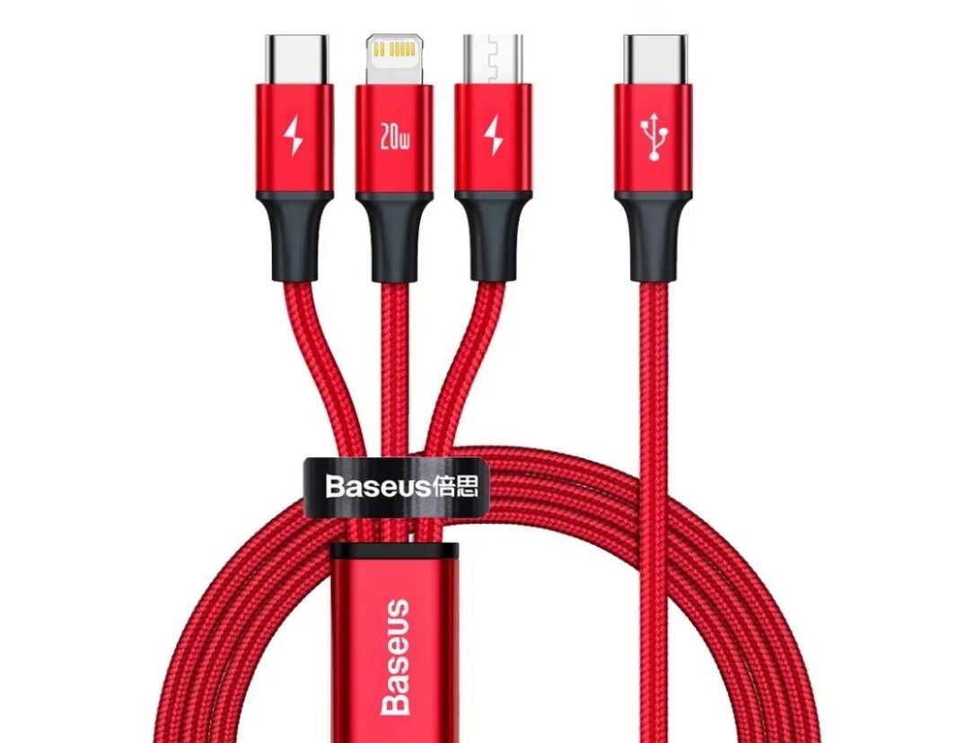 Кабель для быстрой зарядки BASEUS Rapid Series 3-in-1, Type-C to MicroUSB+Type-C+Lightning, PD 20W, 1.5 метра, Красный