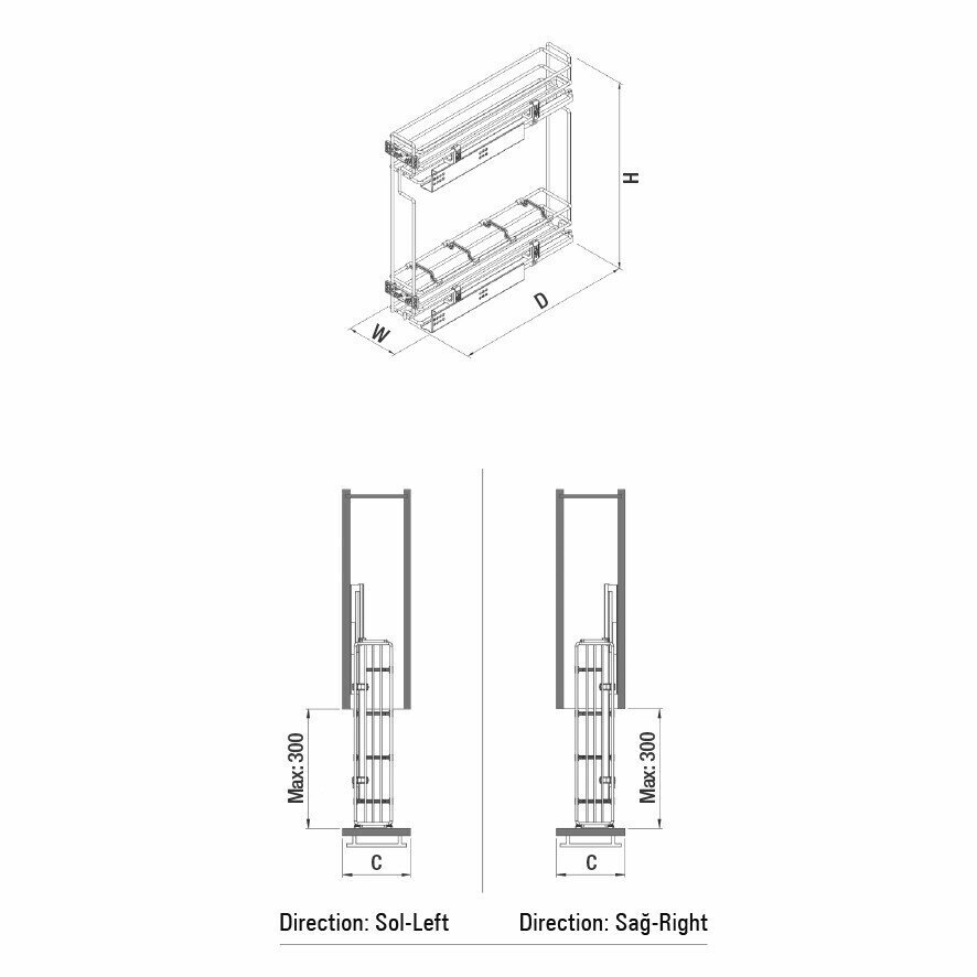 Бутылочница Starax 2-х. ярусная, ширина базы 150 тандем BLUM, полн. выдв, антрацит, левая