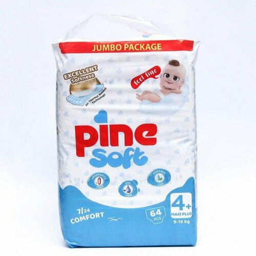 Подгузники детские Pine Soft 4+ Maxi Plus (9-16 kg), 64 шт