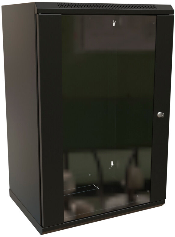WRline Шкаф настенный 19-дюймовый (19"), 18U, 908х600х600мм, стеклянная дверь с перфорацией по бокам, ручка с замком, цвет черный (RAL 9004) (разобранный)