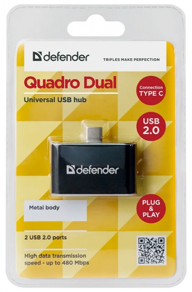 Переходник Defender Quadro Dual Type-C - 2 USB (83207) Черный