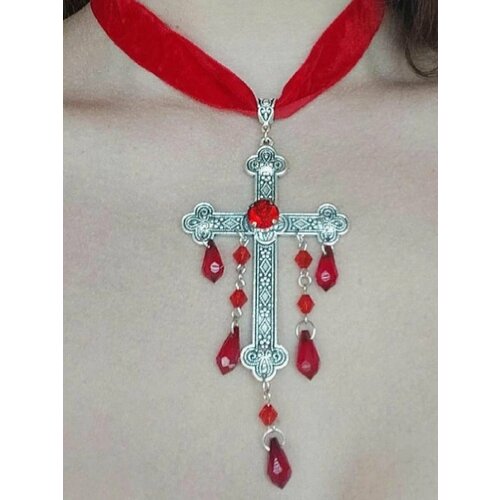 Колье Бархатный ремешок, длина 40 см, красный, серебряный