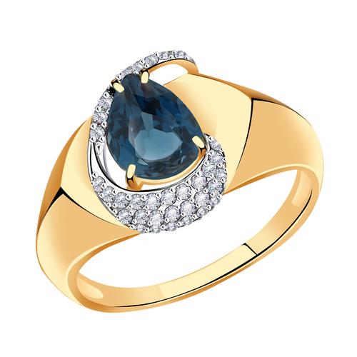 фото Кольцо diamant online, золото, 585 проба, фианит, топаз, размер 19.5, голубой