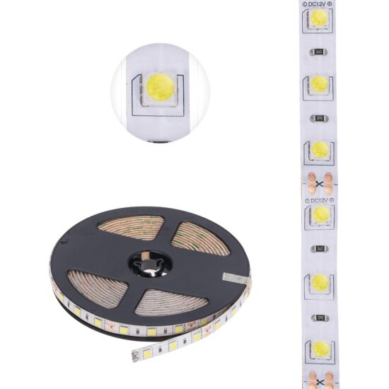 Светодиодная лента Lamper 12В, SMD5050, 14,4Вт/м, 60 LED/м, 6500К, 10мм, 5м, для БП с клеммами, IP65 (141-2027)