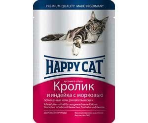 Влажный корм Happy Cat для кошек кролик индейка и морковь кусочки в соусе rabbit & turkey 100г