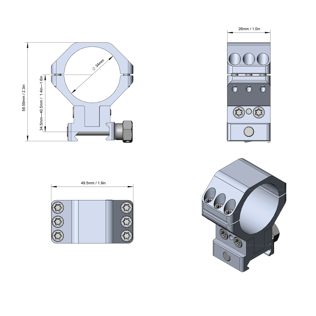 Кольца Vector Optics D34мм, с регулируемой высотой 34,5-40 (XASR-3050) — фото 5