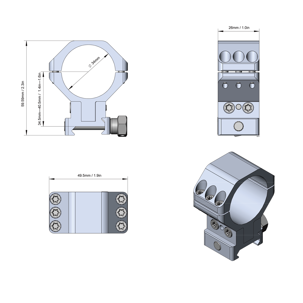 Кольца Vector Optics D34мм с регулируемой высотой 345-40 (XASR-3050)