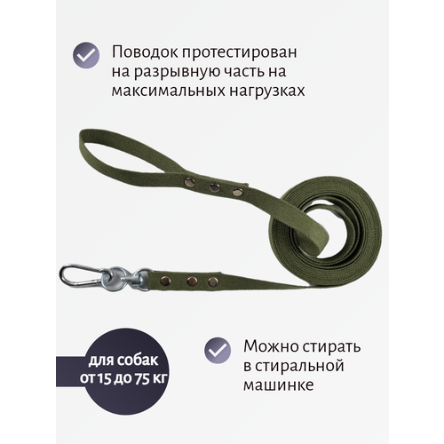 Поводок Хвостатыч брезентовый с вертлюгом и альпинистским карабином усиленный 10 м х 25 мм (Зеленый)