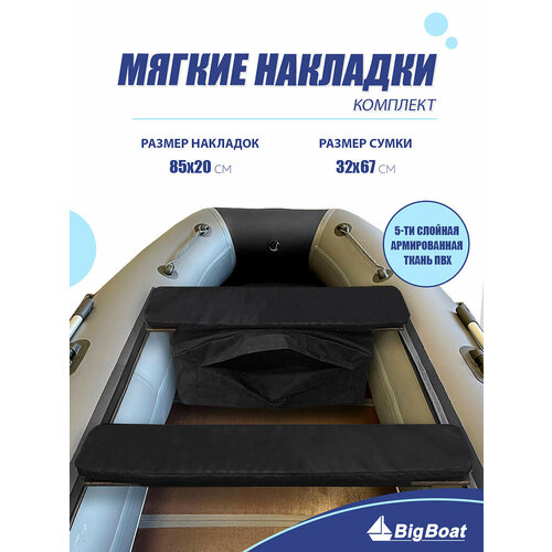 фото Комплект из 2х мягких накладок одна из них с сумкой на сидение лодки пвх, черный 850х200х20 big boat