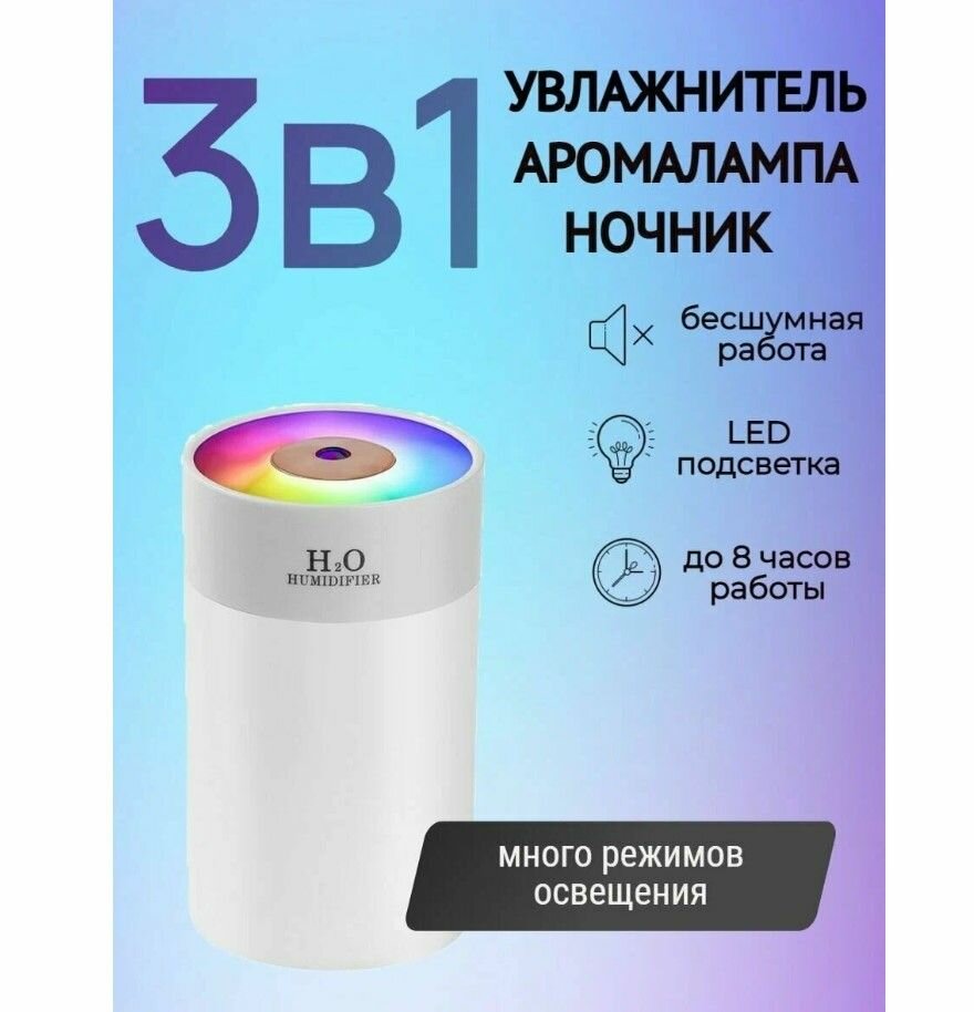 Увлажнитель воздуха H2O с подсветкой / Аромалампа / Ночник с функцией увлажнения и ароматизации белый