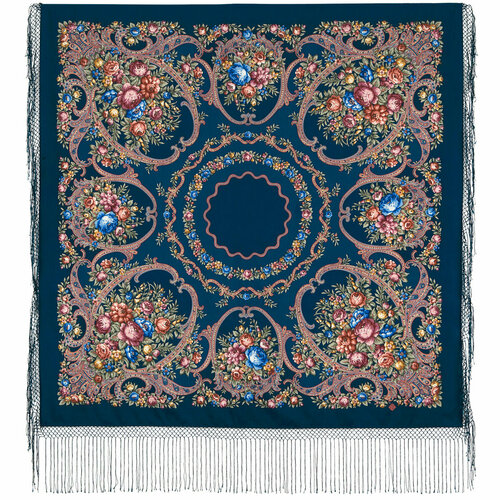 фото Шаль павловопосадская платочная мануфактура, шерсть, с бахромой, 148х148 см, синий
