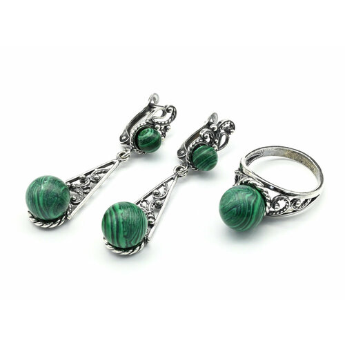 фото Комплект бижутерии: кольцо, серьги, малахит синтетический, размер кольца 18, зеленый кольцо серьги с малахитом имитация размер 18