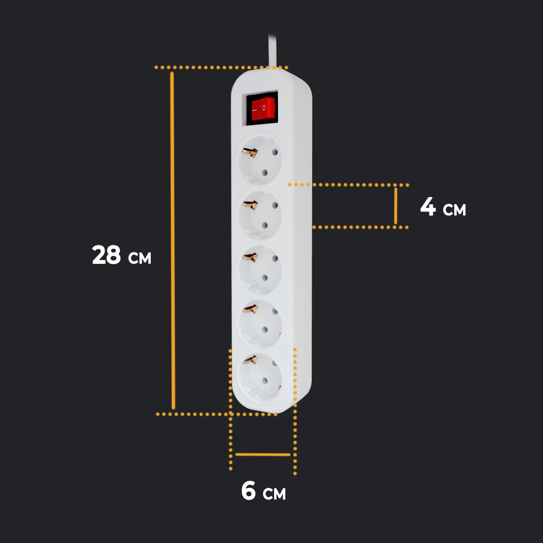 Сетевой фильтр удлинитель PG 5 гнезд / розеток 3 метра с заземлением с выключателем белый 10 А 2000 Вт без USB 3 м