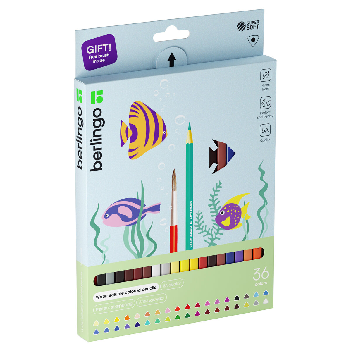 Цветные карандаши для школы акварельные 36 цветов, трехгранные / Набор цветных карандашей для рисования школьный Berlingo "SuperSoft. Рыбки"