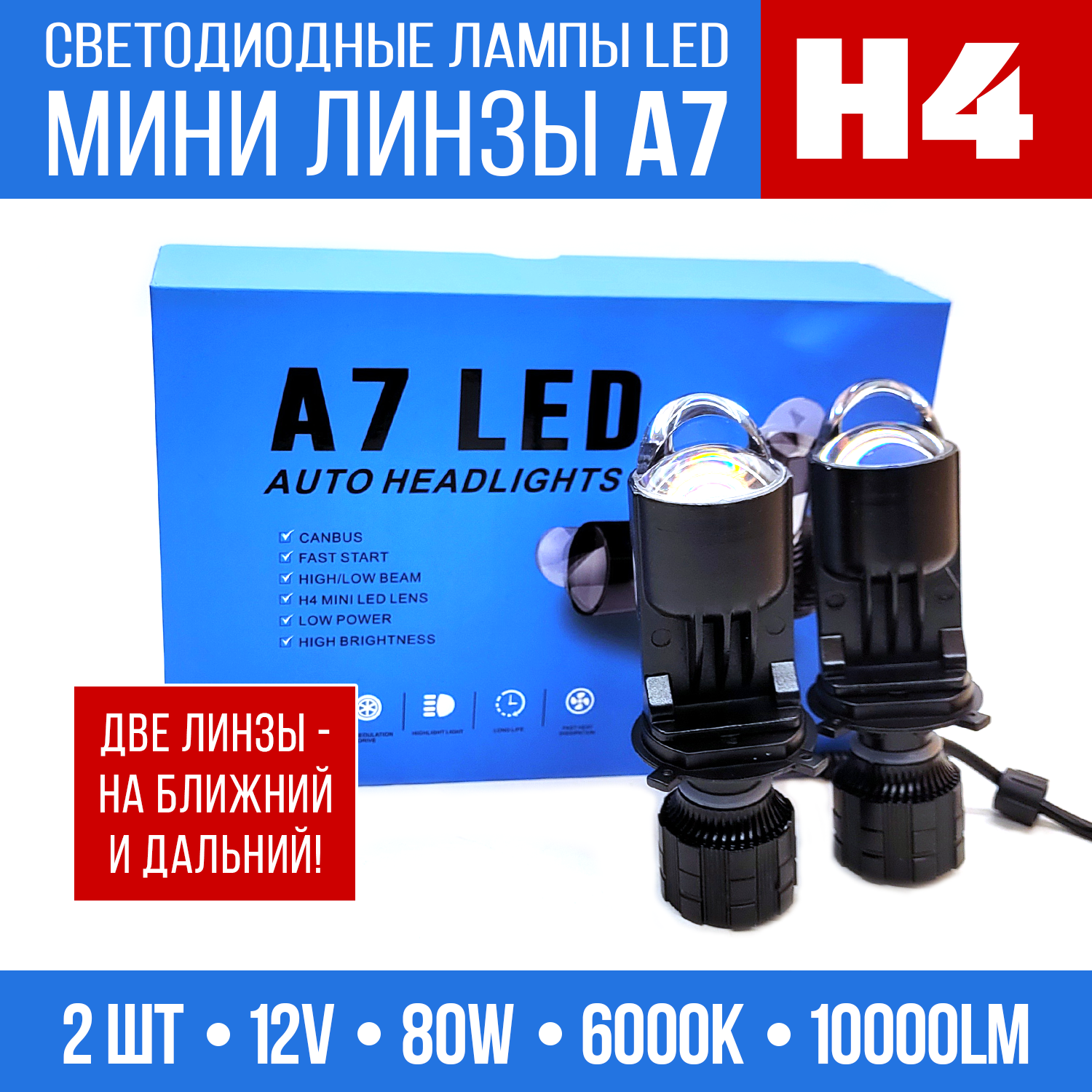 Светодиодные лампы H4 Bi-LED мини линзы H4 модель 