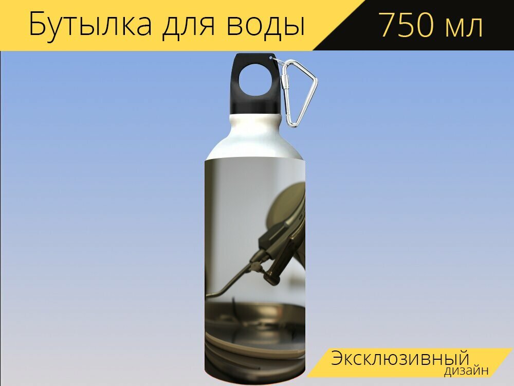 Бутылка фляга для воды "Стоматология, инструменты, стоматологический" 750 мл. с карабином и принтом