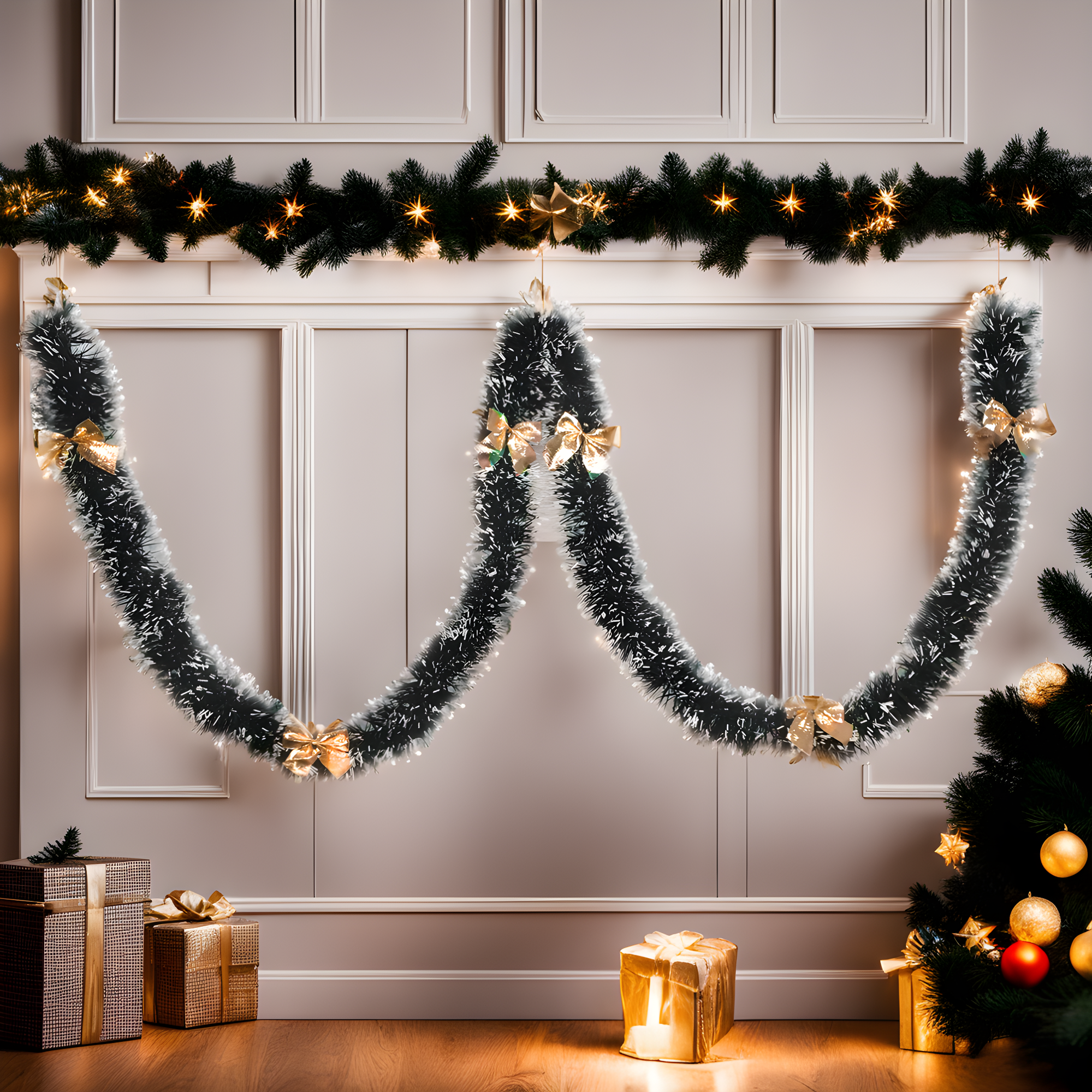 Мишура Новогодняя темно-зеленая с золотистыми бантами L2м D8см