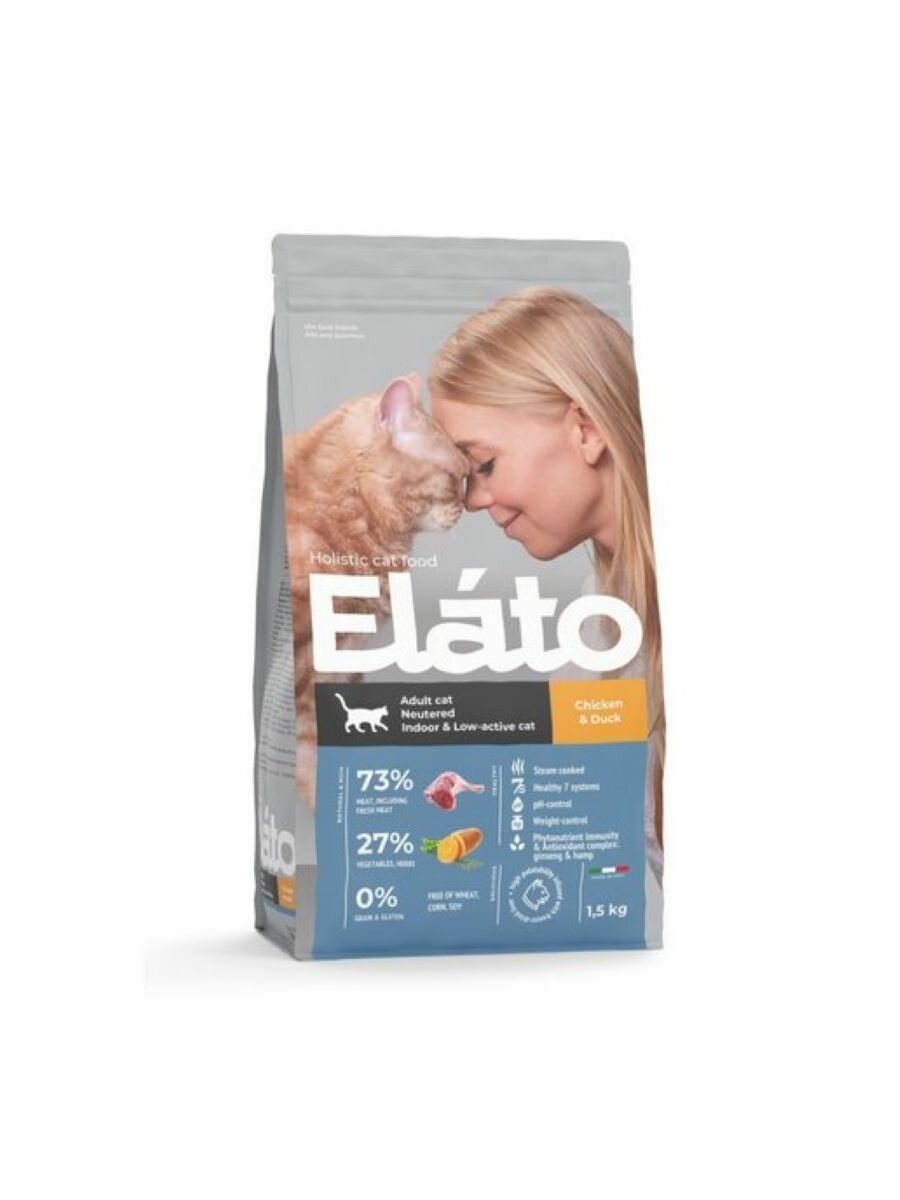 Elato Holistic сухой корм для кастрированных котов, стерилизованных и малоактивных кошек 1,5кг