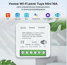 Умное Wi-Fi реле Mini Smart Switch Tuya 16A (работает с Яндекс Алисой)