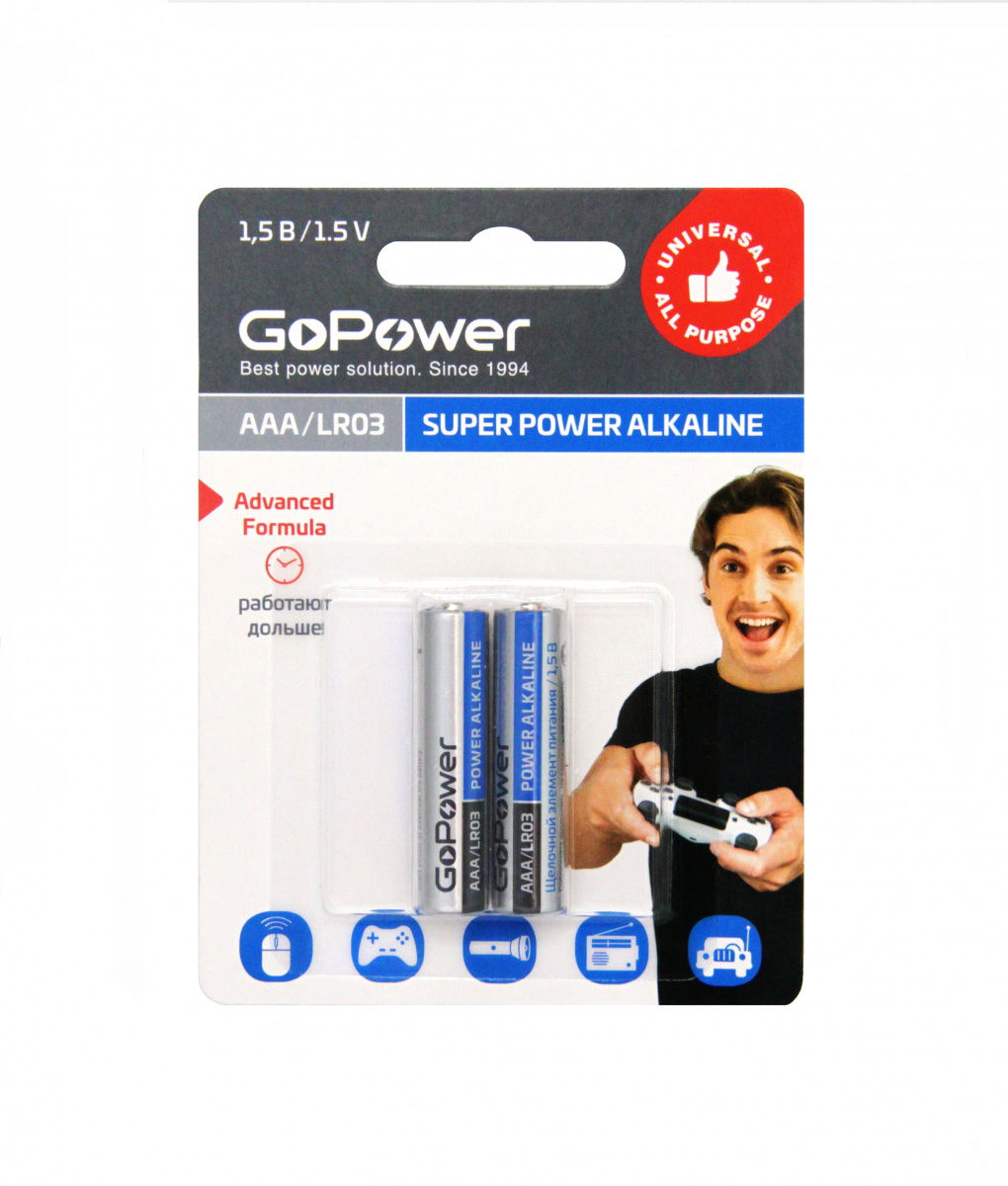 Батарейки GoPower LR03 AAA BL2 Alkaline 1.5V (2/24/480) блистер (2 шт.)