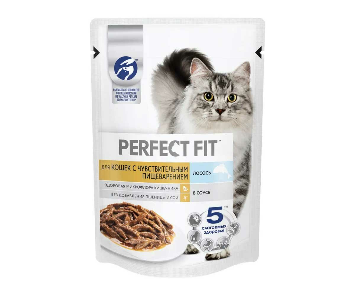 Влажный корм Perfect Fit для кошек с чувствительным пищеварением лосось в соусе 75г
