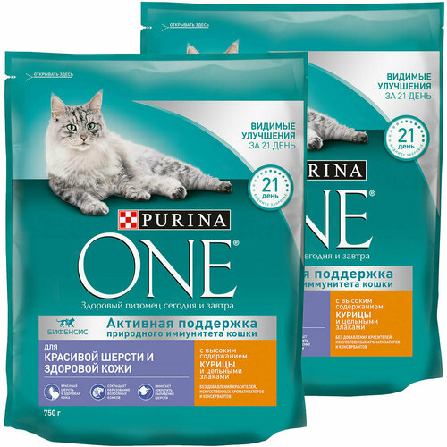 PURINA ONE для взрослых кошек с чувствительной кожей и шерстью с курицей и злаками (0,75 + 0,75 кг)