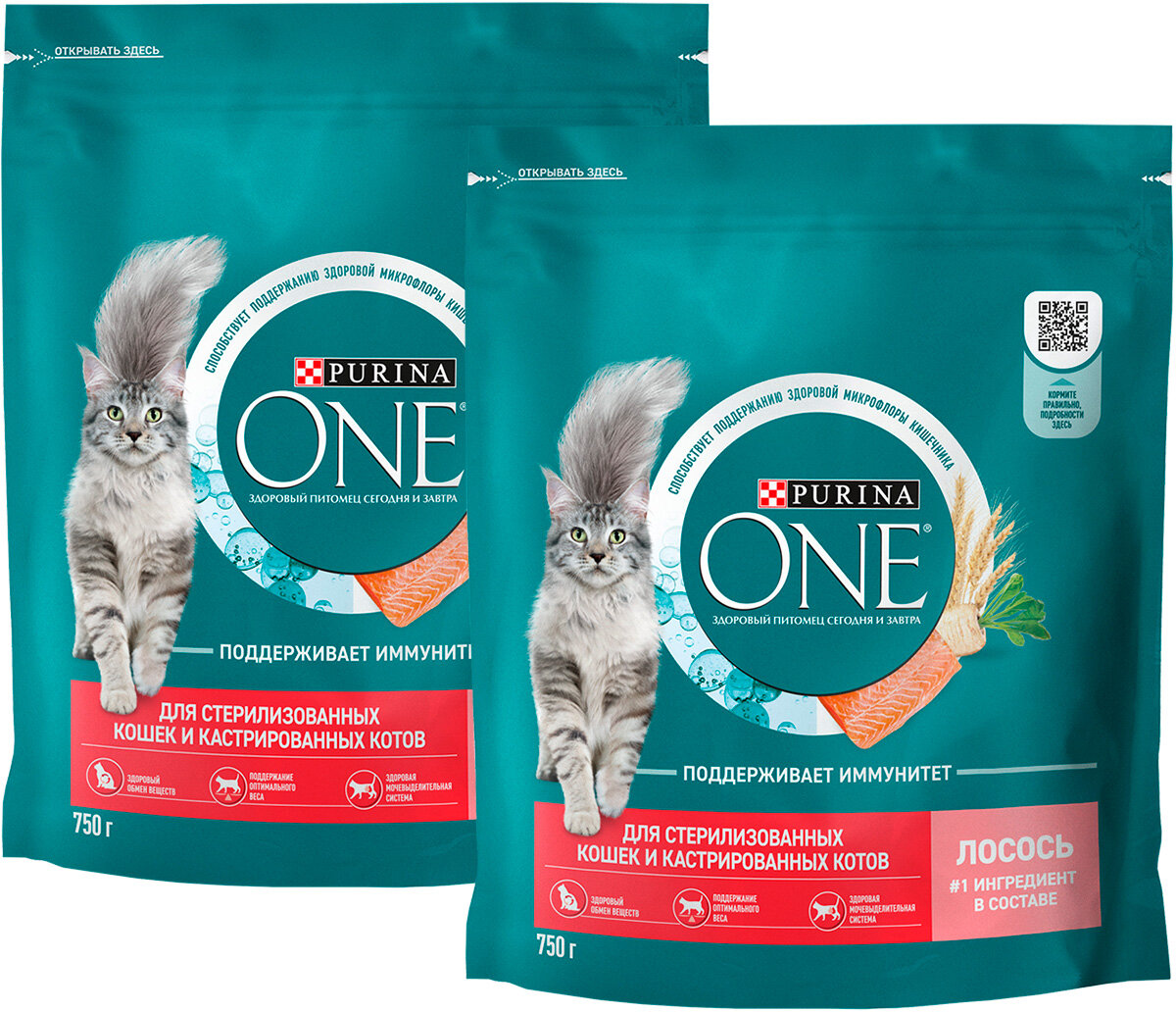 PURINA ONE для взрослых кастрированных котов и стерилизованных кошек с лососем и пшеницей (075 + 075 кг)