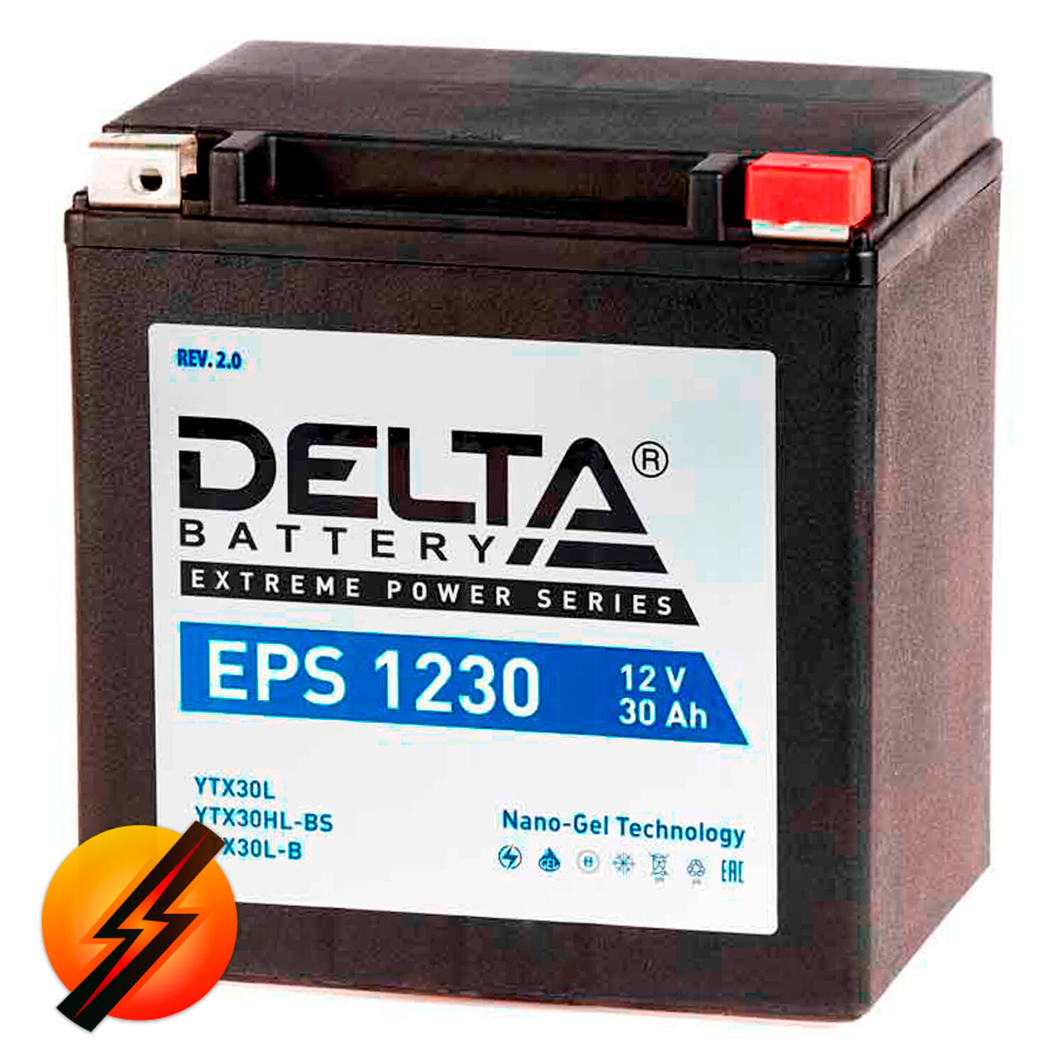 Аккумулятор мотоциклетный Delta EPS 1230 (YTX30HL-BS, YTX30L-B, YTX30L) 12V 30Ah Nano-Gel (залит и готов к применению)