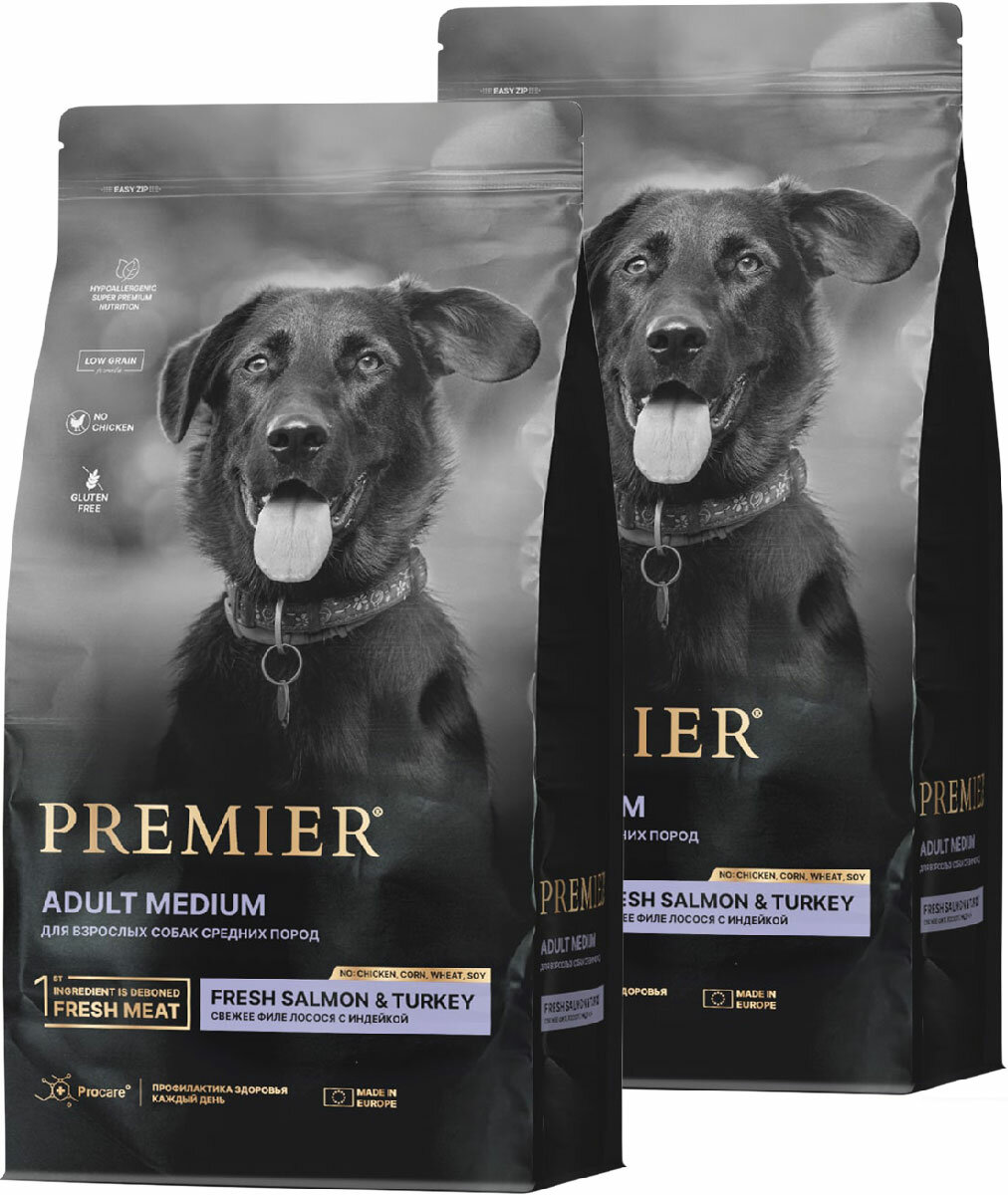 PREMIER LOW GRAIN DOG ADULT MEDIUM SALMON & TURKEY низкозерновой для взрослых собак средних пород с лососем и индейкой (10 + 10 кг)