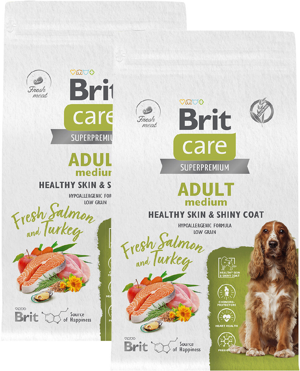 BRIT CARE DOG ADULT MEDIUM HEALTHY SKIN & SHINY COAT для взрослых собак средних пород при аллергии с лососем и индейкой (3 + 3 кг)