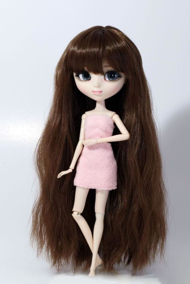 Cупердлинный коричневый волнистый парик с челкой размер 22-25 см для кукол Pullip (Пуллип) / DAL (Дал) / Byul (Биул) / Isul (Исул), Groove inc