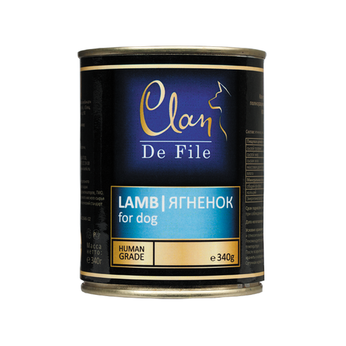 CLAN De File - Консервы для собак, ягненок в желе с экстрактом юкки и пивными дрожжами, упаковка 12шт x 340г 4.08кг