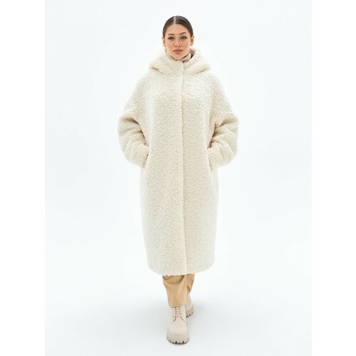 женское шерстяное пальто в клетку теплое шерстяное пальто средней длины с капюшоном и бархатным мехом m347 зима 2021 Пальто ALEF, размер 44, белый