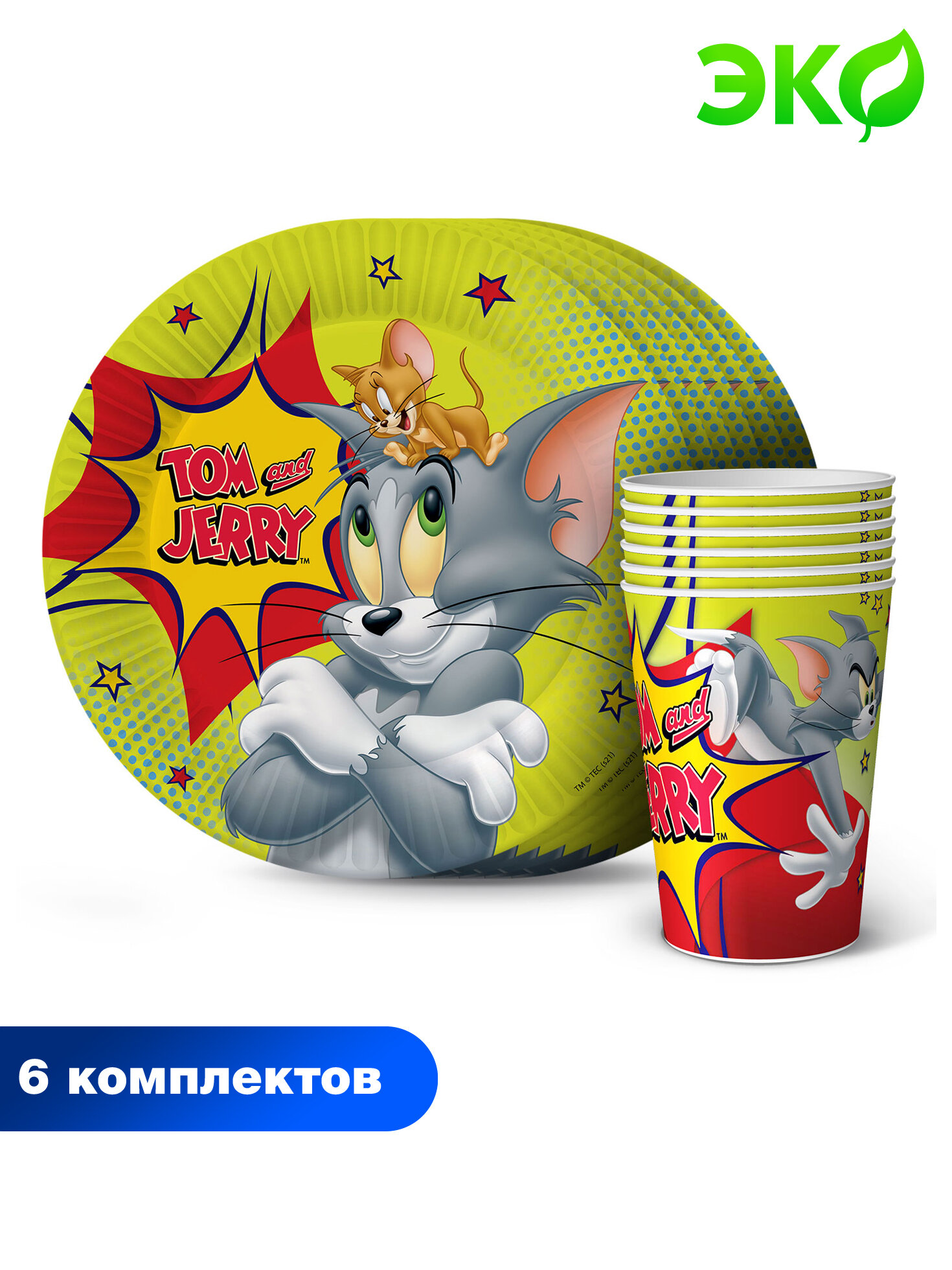 Набор бумажной одноразовой посуды для праздника Tom&Jerry\Том и Джерри № 2, зеленый (стаканчики 6 шт, тарелки 6 шт.) ND Play