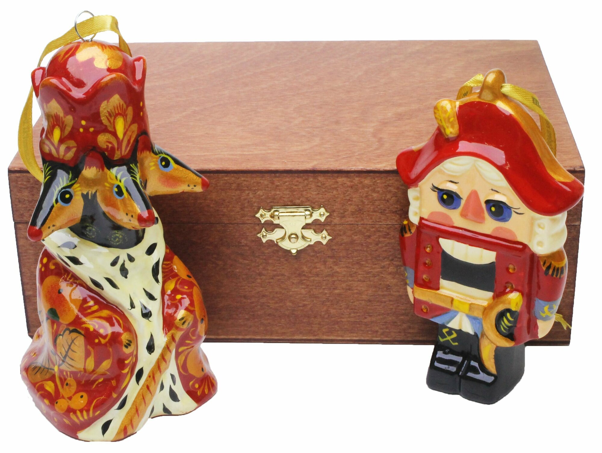 фото "Щелкунчик и крысиный король" 2 штуки в деревянной коробке Набор фарфоровых елочных игрушек украшений хохлома цветная коллекция