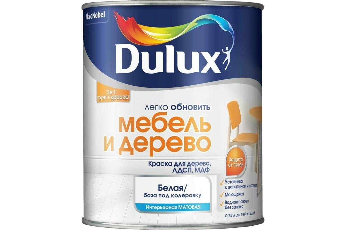 Краска Dulux. Матовая. База BW. 0,75 л. Для дерева. Водно-дисперсионная. Мебель и дерево.