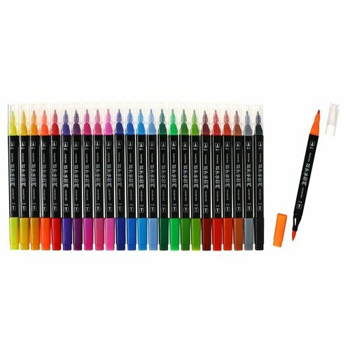 Набор маркеров профессиональных двусторонних 24 цветов, в пенале, c ручкой , микс