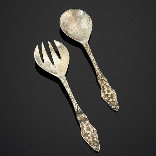 Набор для подачи салата (ложка и вилка) с растительным декором, латунь