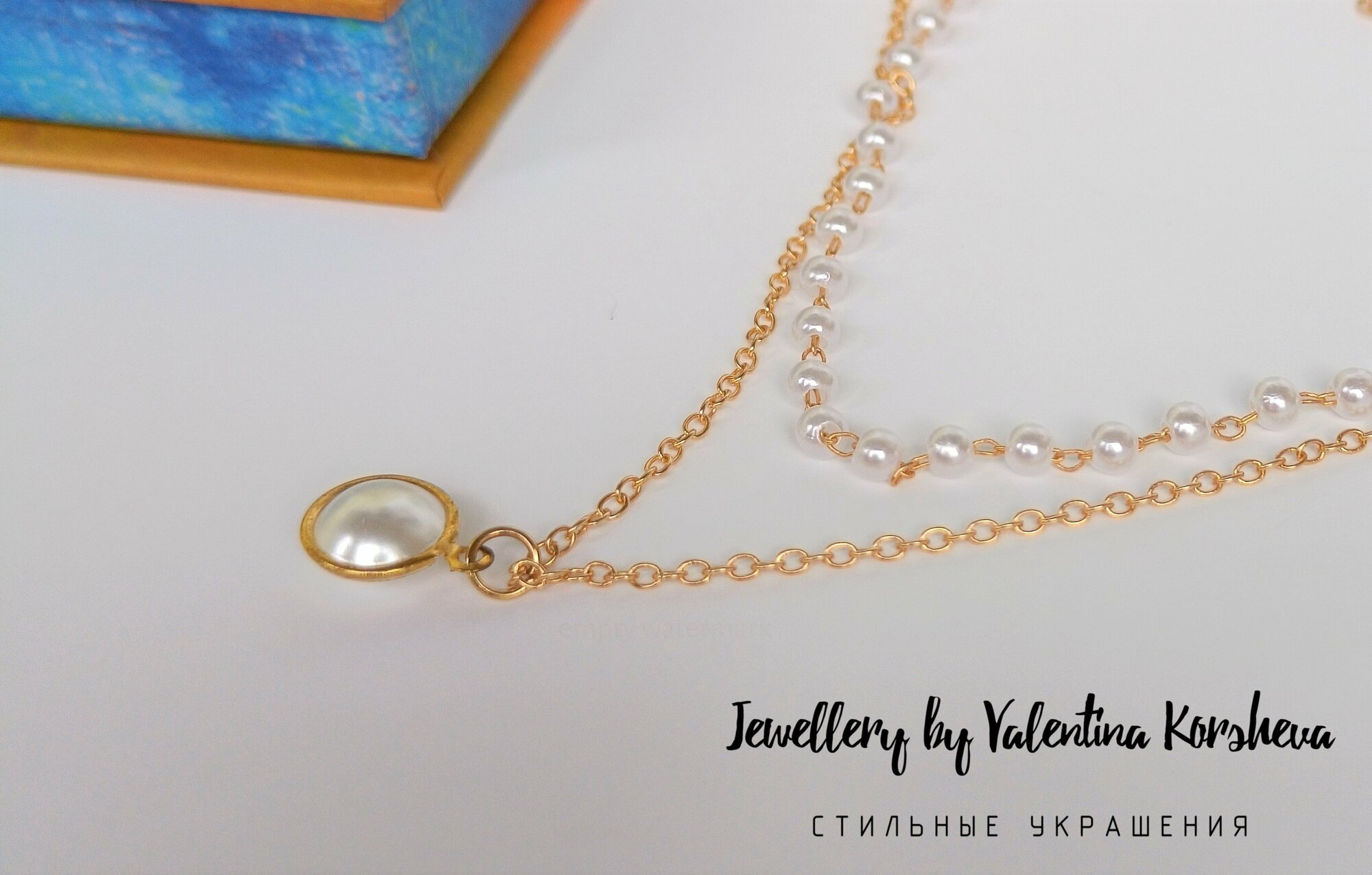 Чокер Jewellery by V.K. на шею женский "Жемчужный", золотистый с подвеской, бусы нарядные, искусственный камень, жемчуг имитация