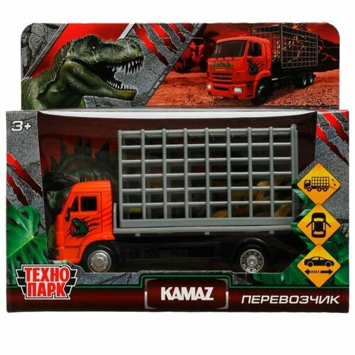 Машина металл KAMAZ С динозавром длина 14 см, двери, подвиж дет, инерц, кор. Технопарк
