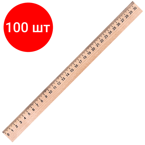 Комплект 100 шт, Линейка деревянная 30 см, пифагор, 210669