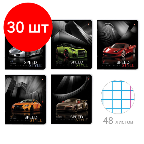 Комплект 5 шт. Тетрадь А5 48л. Альт скоба, клетка, глянцевый лак, Машина. Жажда скорости (5 видов), 7-48-432