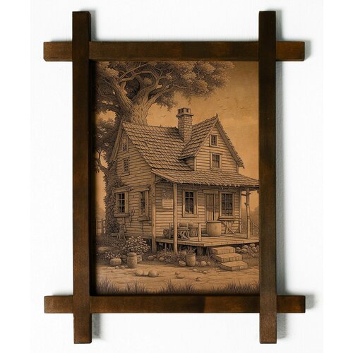 Картина Домик, гравировка на натуральной коже, интерьерная для украшения и декора на стену в деревянной раме, подарок, BoomGift