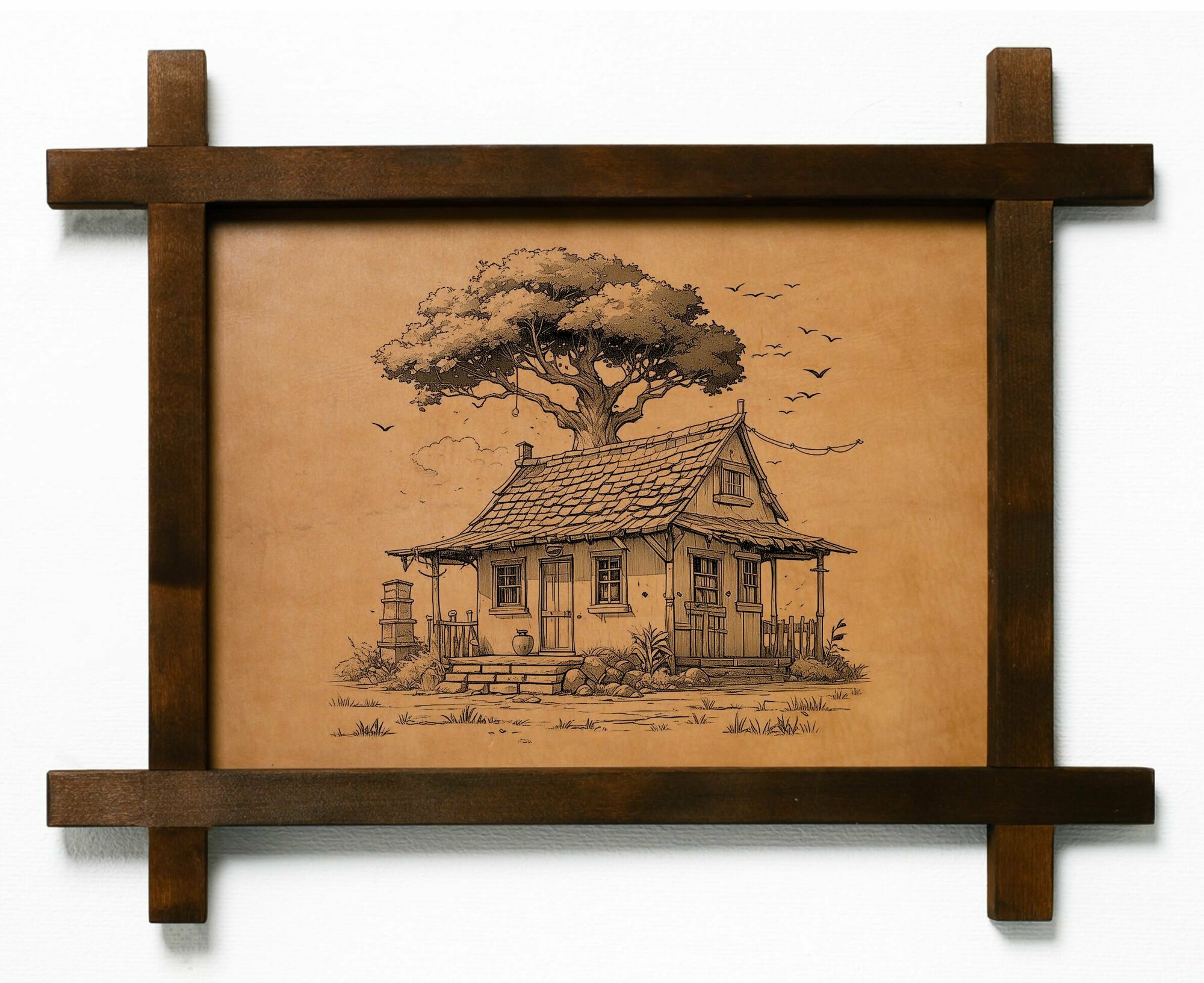 Картина Домик с деревом, гравировка на натуральной коже, интерьерная для украшения и декора на стену в деревянной раме, подарок, BoomGift